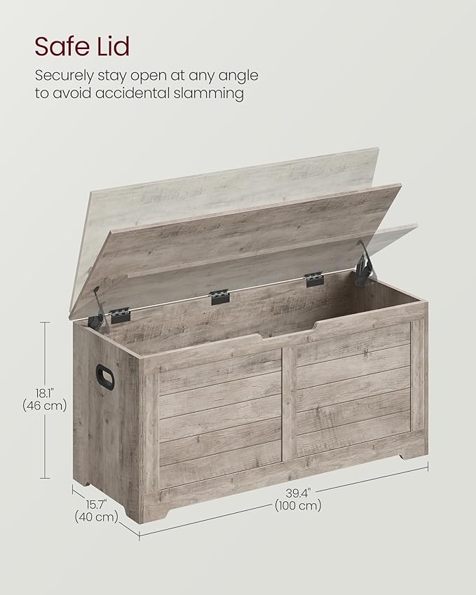 VASAGLE Storage Chest, Storage Bench with 2 Safety Hinges, Farmhouse Style, 15.7 x 39.4 x 18.1 Inches, for Entryway, Bedroom, Living Room, Heather Greige ULSB061K02