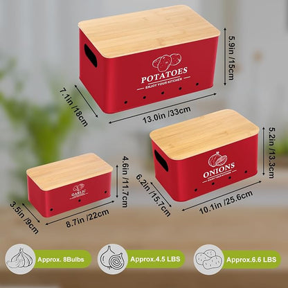 Kitchen Vegetable Storage Set of 3, Metal Onion Garlic Potato Storage Set, Kitchen Canisters Vegetable Keeper Containers with Aerating Holes and Bamboo Lid，Red