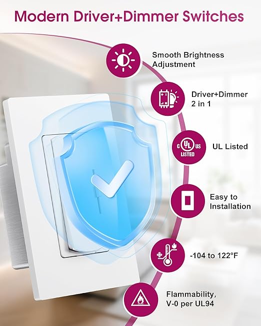 Dimmer Light Switch & 12V 60W Dimmable LED Driver 2 in 1, UL Listed Single-Pole or 3-Way Slide Dimmer Switches for Led Strip Lights,120VAC to 12VDC Power Supply for Low Voltage Project, Glossy White