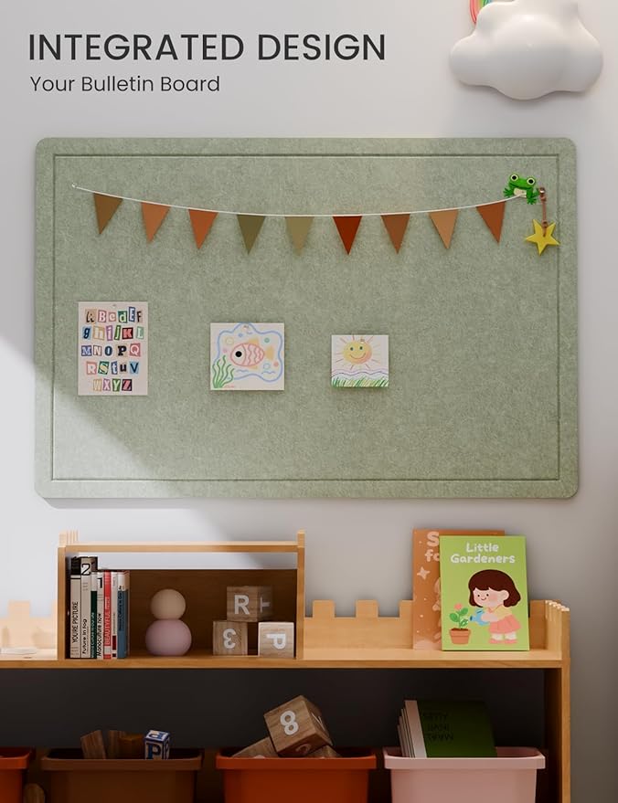 Fluxynara Bulletin Board,35.4" x 23.6" Cork Board Alternative with 12 Safe Removable Adhesive Tabs, Foldable Felt Pin Board for Home Office, Classroom, Bedroom,Entryway for Walls— Sage