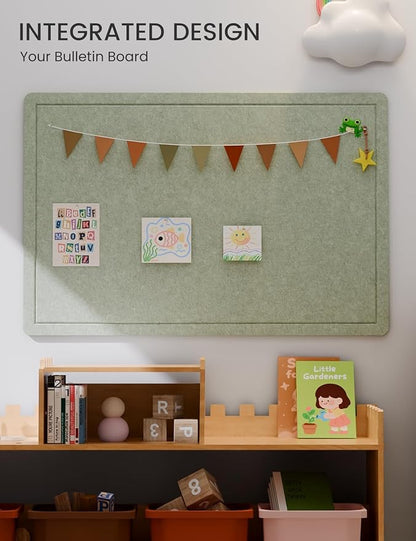 Fluxynara Bulletin Board,35.4" x 23.6" Cork Board Alternative with 12 Safe Removable Adhesive Tabs, Foldable Felt Pin Board for Home Office, Classroom, Bedroom,Entryway for Walls— Sage
