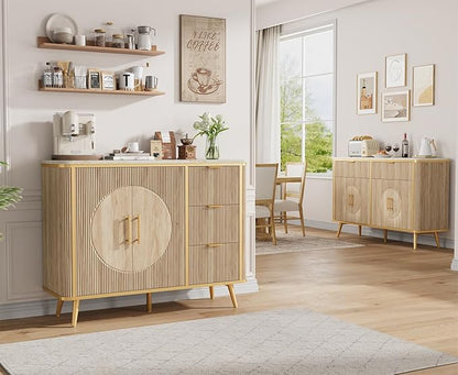 47.3" Modern Buffet Cabinet with Storage, Kitchen Sideboard Buffet with 2 Door & 3 Drawers, Fluted Caffee Bar Storage Cabinet for Dining Room, Living Room, Entryway, Natural Oak