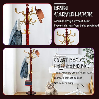 73 in Wood Coat Rack, Coat Rack Freestanding with Stable Round Base, Adjustable Height Tree Coat Racks Stand for Home Bedroom Office Hallway Entryway (Haitang color)