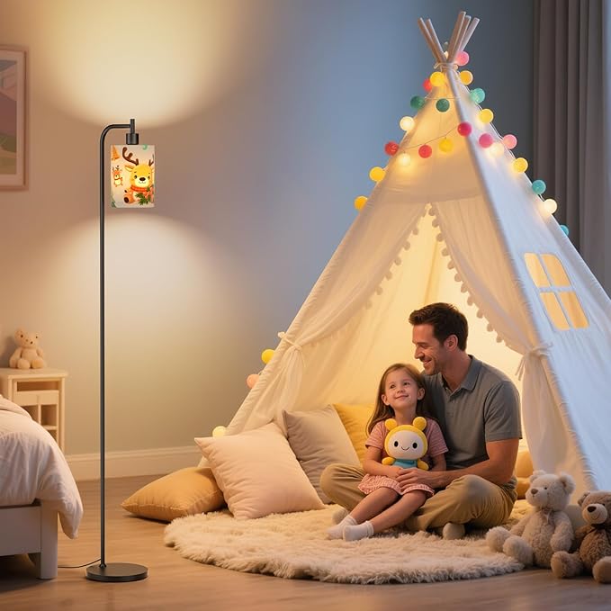 Kids Floor Lamp with Linen Shade, Dimmable Tall Standing Lamp with Remote Control & 3 Color Temperatures, Modern Floor Lamps for Living Room Bedroom Kids Room, 9W LED Bulb Included