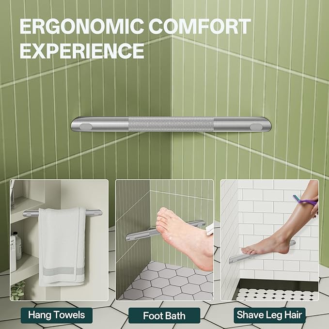 BWE Brushed Nickel Shower Foot Rest Bar, Stainless Steel Bar Corner Shower Foot Rest for Shaving Legs, Non-Slip Knurled Shower Step, Wall Mounted Bathroom Shower Shaving Foot Rest