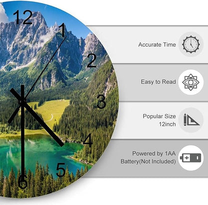 Scenic Nature Wall Clock Silent Non Ticking Battery Operated, Natural Mountain Lake Forest Landscape Woodland Scenery Clock Decorative for Bathroom Kitchen Bedroom Living Room(12 Inch)