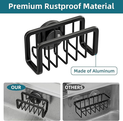 TAILI Sink Caddy with Strong Suction Cup, Sponge Holder for Kitchen Sink Oganizer, Removable Rustproof Aluminum Sponge Holder, Dish Brush for Scraper - Black