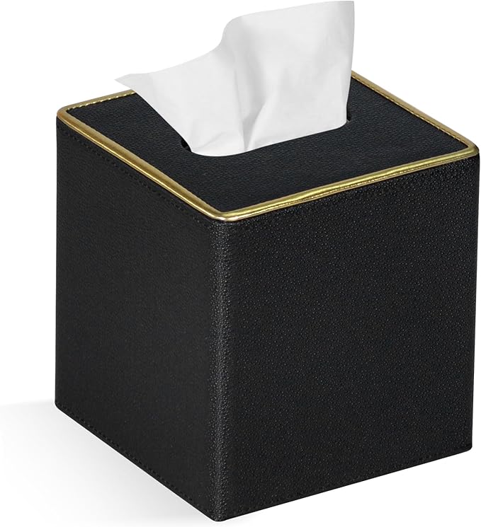 Tissue Box Cover Square PU Leather Facial Tissue Box Holder for Dresser Bathroom Decor (Black Pearl)