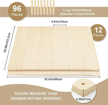 Kigley 12 Pcs Pegboard Drawer Organizer with 96 Drawer Peg Wood Peg Board Wooden Kitchen Plate Organizer for Dishes Food Containers Cookware Utensils(21 Inch,Wood Color)