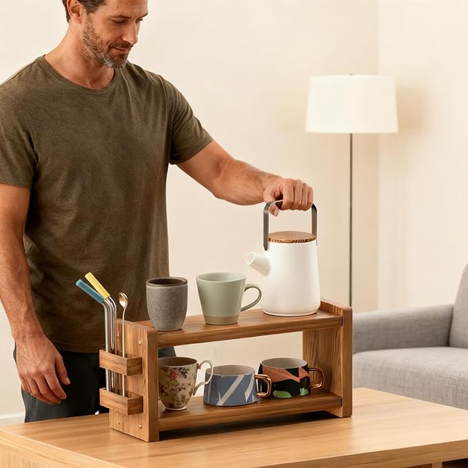 Solid Wood Coffee and Matcha Station Organizer - Farmhouse 2 Tier Shelf with Straw Holder for Matcha, Pods, Sugar, Tea, Cups, Stirrers, Mugs Storage for Home Kitchen Countertop