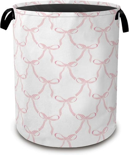 Cute Pink Bows Collapsible Laundry Baskets,Laundry Hamper,Storage Basket with Handles for Bathroom Bedroom College Dormitory Living Room Nursery Organizer 16"x20"