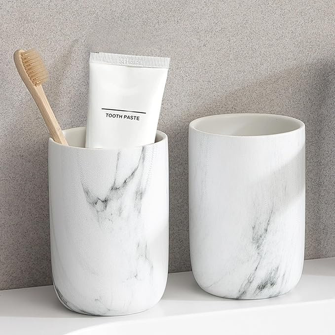 Marble Toothbrush Holders - 2 Ceramic Toothbrush Holders for Bathrooms Toothbrush Toothpaste Holders Set, White Bathroom Tumbler Cups Reusable Toothbrush Mouthwash Cup, Bathroom Counter Organizer.