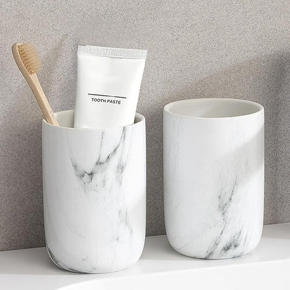 Marble Toothbrush Holders - 2 Ceramic Toothbrush Holders for Bathrooms Toothbrush Toothpaste Holders Set, White Bathroom Tumbler Cups Reusable Toothbrush Mouthwash Cup, Bathroom Counter Organizer.