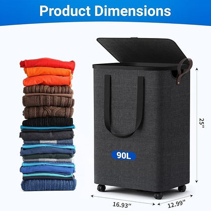Laundry Basket with 5 Wheels, Tall Dirty Laundry Hamper, Rolling Laundry Basket with Lid, Large 90L Collapsible Clothes Hamper for Laundry Room Bedroom Bathroom Dorm, Deep Gray