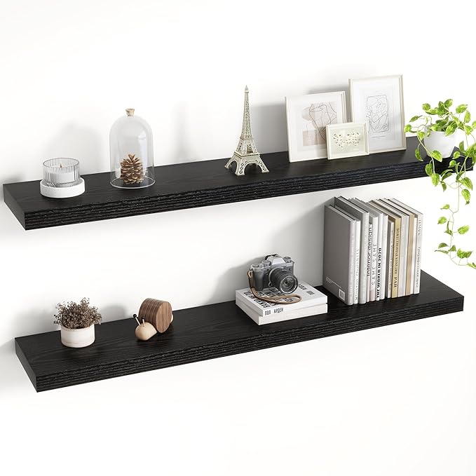 Acovy 40 Inch Floating Shelves, 8 Inch Deep Floating Shelves for Wall, Hanging Shelf with Invisible Brackets, Deep Shelves for Bathroom, Bedroom, Living Room, Black, Set of 2