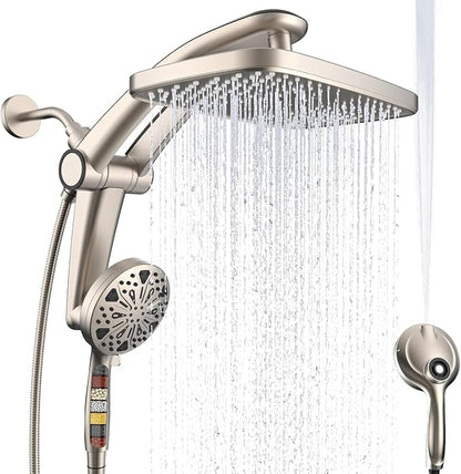 Rain Shower Head with filtered Handheld High Pressure rainfall Shower Heads with Handheld Spray Combo Adjustable one-piece stand daul shower head Built-in Magnetic Docking and Power Jets-brush nickel