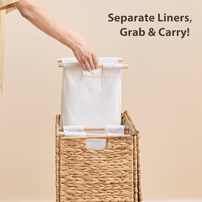 Large Laundry Hamper with Lid, Handwoven Natural Water Hyacinth Heightened Feet Laundry Basket, 2-Sections Wicker Clothes Hamper with Removable Liner Bag (Natural, 120L)