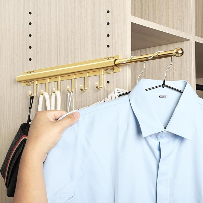 16.5 inch Valet Rod for Closets Pull Out Closet Valet Rod Slide Out Extra long Gold Valet Rods for Closets With 6 Hooks