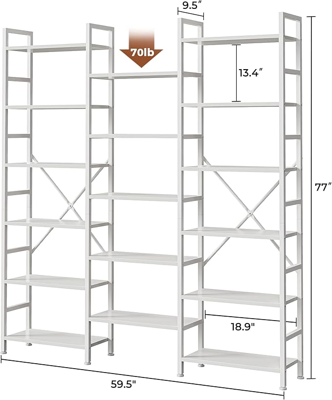 SUPERJARE Triple Bookshelf, Bookcase with 11 Open Display Shelves, Wide Book Shelf Book Case for Home & Office, 6 Tier, White