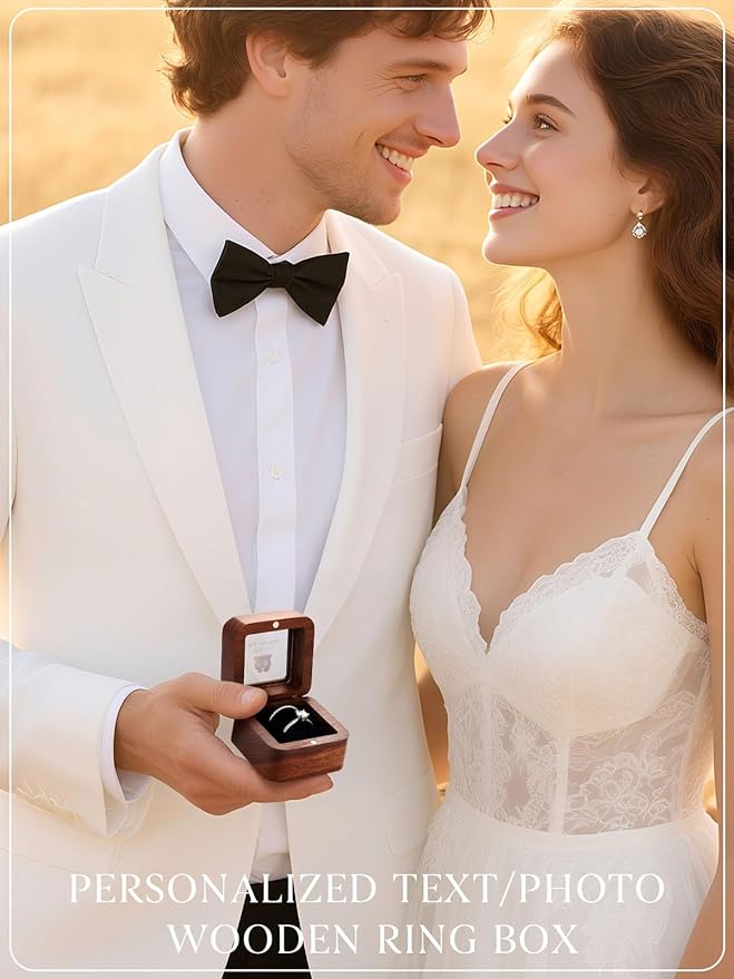 Custom4U Wooden Ring Box 2 Slots with Photo Personalized Vintage Square Wedding Holder for Proposal Custom Ring Bearer for Ceremony Jewelry Gift