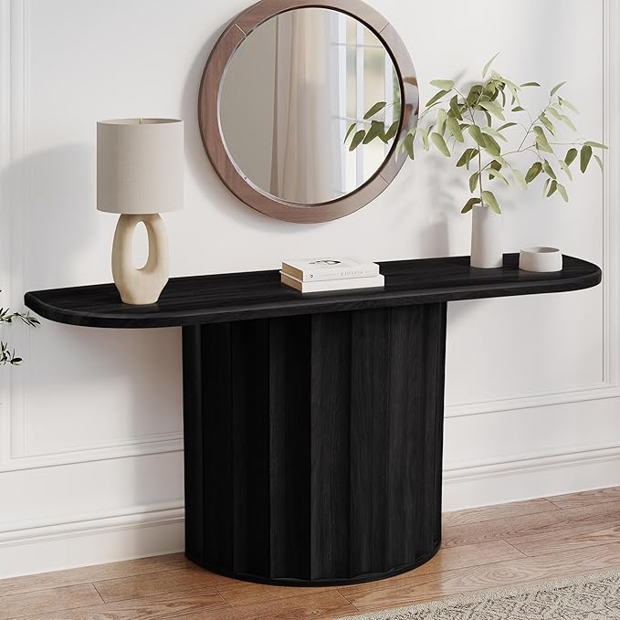 Fluted Console Table, 59'' Narrow Wooden Sofa Tables Behind Couch, Modern Entryway Table with Storage Curved Accent Table for Hallway, Living Room, Entrance, Foyer (Black)