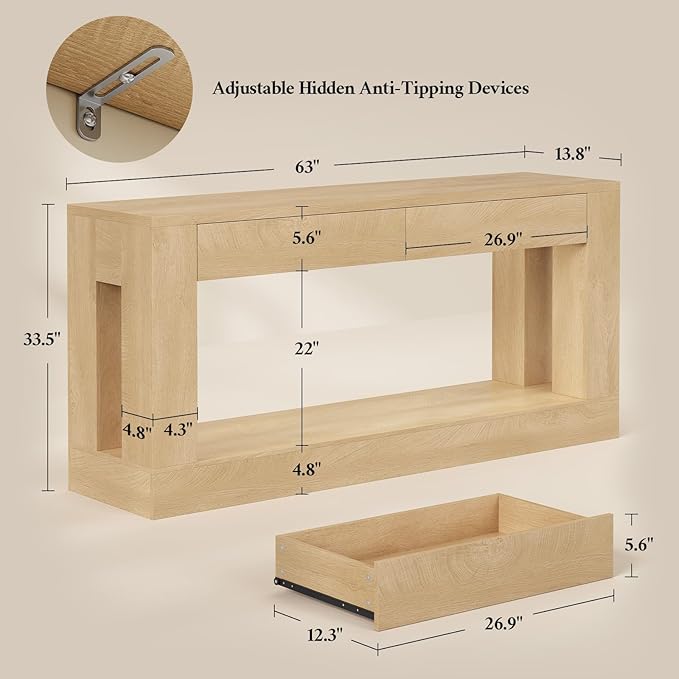 63" Long Console Table with 2 Drawers, Farmhouse Sofa Table Behind Couch with Heavy Duty Legs, Entryway Table for Living Room, Entrance, Hallway, Foyer, Natural Wood
