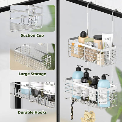 YUOROS Shower Caddy Hanging, 2 Tier Over the Door Shower Organizer Rack 304 Stainless Steel Rustproof Bathroom Storage Shampoo Holder Basket (Silver)