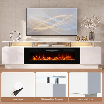 90" TV Stand for Living Room, Large Entertainment Center & Media Console, Fits TVs up to 100", Storage Cabinet with Shelves, 50" Electric Fireplace, White & Black