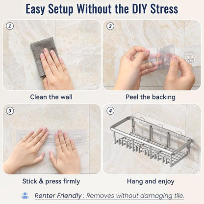 8 Pack Adhesive Rustproof Shower Caddy with Soap Dishes, Toothbrush Holder & Hooks, Large Capacity No-Drilling Shower Shelves Rack for Bathroom Organizers and Storage Accessories, Silver