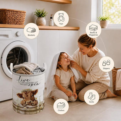 Farmhouse Highland Cow Laundry Basket, Live Like Someone Left the Gate Open Cow Laundry Hamper Waterproof Collapsible Clothes Toys Storage Bin Organizer for Bedroom Bathroom Home