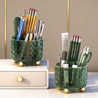 Dark Green Pen Pencil Holder for Desk, 360° Rotating Pen Organizer, Green Office Supplies, Cute Pen Holder, 6-Compartment Pencil Holder Rotating