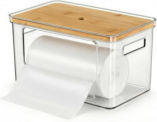 Trash Bag Dispenser, Stackable with Bamboo Top – Extra Large Garbage Bag Holder & Under Sink Organizer for Kitchen, Laundry Room, Pantry Organization and Storage