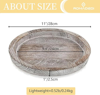 Wooden Decorative Tray Candle Holder: Romadedi Round Wood Tray Home Decor, Whitewash Rustic Trays for Farmhouse Dinning Table Kitchen Countertop Coffee Table Wedding Centerpiece, 11inch, Size L