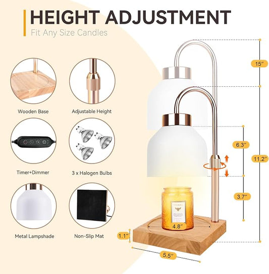 TOACSUCP Candle Warmer Lamp with 3 Bulbs, Adjustable Height Dimmable Candle Warmer with Timer, Compatible with Large Jar Candles, Candle Lamp with Charming Gift Box Ribbon for Her/Him(White)