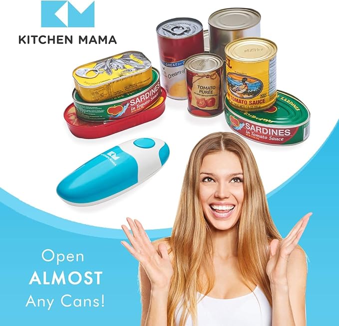 Kitchen Mama Auto Electric Can Opener: Open Your Cans with A Simple Press of Button - Automatic, Hands Free, Smooth Edge, Food-Safe, Battery Operated, YES YOU CAN (Sky Blue)