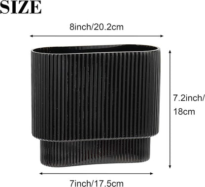 Ribbed Vase, Black Glass Vase for Flowers, Black Flower Vases for Tulips, Modern Vases for Living Room, Dining Table, Office, Bedroom, Mantle, Shelf, Wedding, 7 Inch