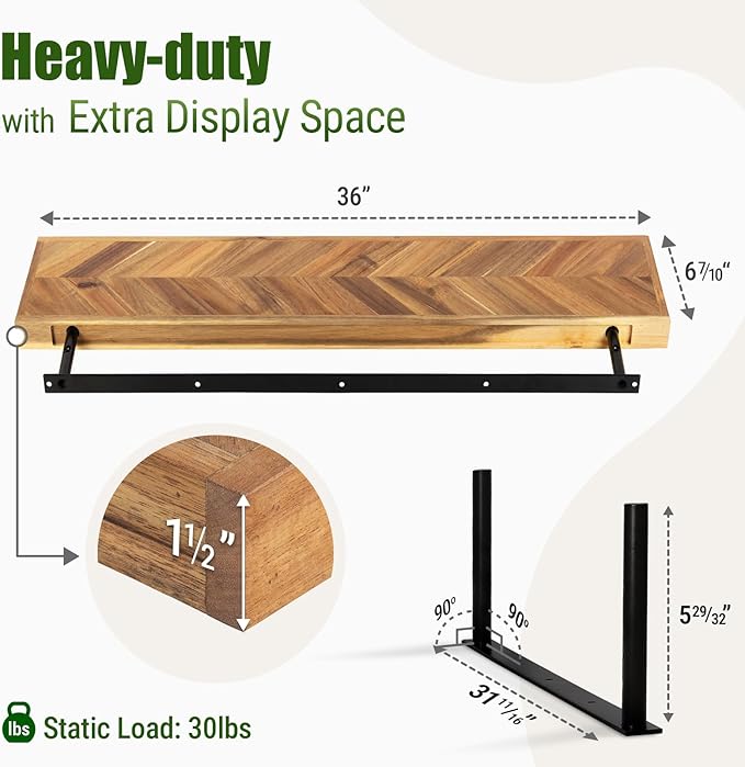 Howizz 36" Acacia Chevron Floating Shelves Set of 2 - Wall Mounted Wooden Shelf for Stylish Home Décor - Natural Color - 36x6.7x1.5 Inches