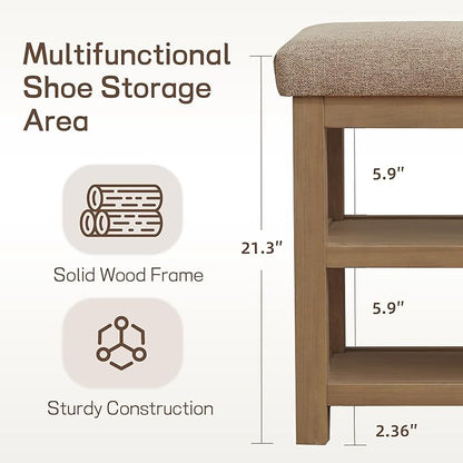 2 Tier Shoe Rack Bench with Cushion, Solid Wood Shoe Benches, Mid-Century Modern Shoe Storage Bench for Entryway, Hallway, Living Room, Closet, Front Door Entrance, (Brown, 39.4")