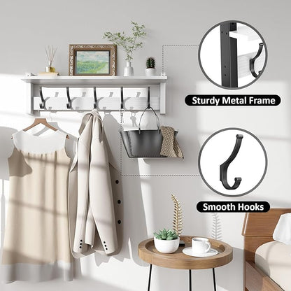 Coat Rack Wall Mount with Shelf, 24 Inch Coat Hanger Walls Mounted, Hat Rack for Walls, Shelf with 5 Coat Hooks, Wall Hanger for Entryway (White)