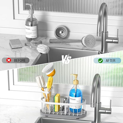 HOKEMOM White Sponge Holder for Kitchen Sink,Sink caddy organizer - 2.6mm Thick 304 Stainless Steel Caddy with Rust-Proof Coating, Non-Slip No-Drain Base. Dimensions: 9.84" x 4.72" x 5.83"
