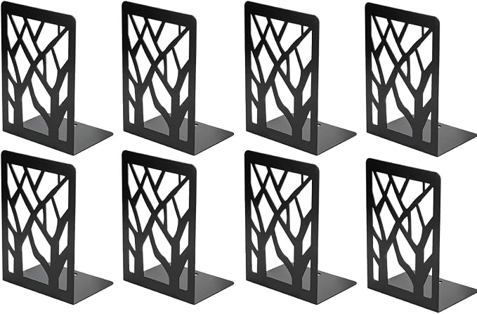 MaxGear Book Ends Tree Design Modern Bookends for Shelves, Non-Skid Bookend, Heavy Duty Metal Book Stopper for Books/CDs, Decorative Book Shelf for Home, 7 x 4.7 x 3.5”, Black (4 Pair/8 Pieces, Large)