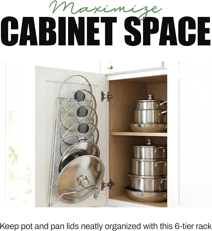 Evelots 6-Tier Pot Lid Organizer for Cabinet Door or Pantry Wall - Pots and Pans Lid Holder Rack - Glass or Metal Pan Covers Cabinet Organizer Kitchen Storage - Chrome Finished