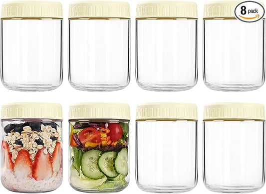 SHOWIN Overnight Oats Containers with Lids, 16oz Glass Jars with Lids 8 pcs, Milk White, Wide Mouth Mason jars for Salad, Yogurt, Snacks, Meal Prep