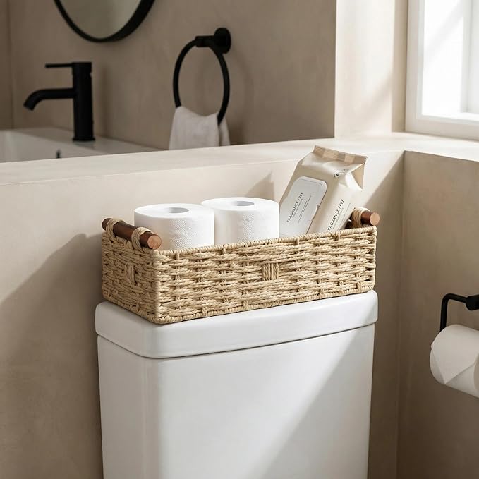 Toilet Tank Basket, Khaki Wicker Storage Basket with Wooden Handles, Handwoven Paper Rope Toilet Tank Organizer, Basket for Top of Toilet, Bathroom Countertop Baskets for Organizing