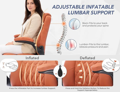 Office Chair with Adjustable Inflatable Lumbar Support,Leather Ergonomic Computer Desk Chair with Flip-up Arms,Adjustable Tilt Lock,Swivel Rolling Executive PC Chair for Work,Study,Meeting.Brown