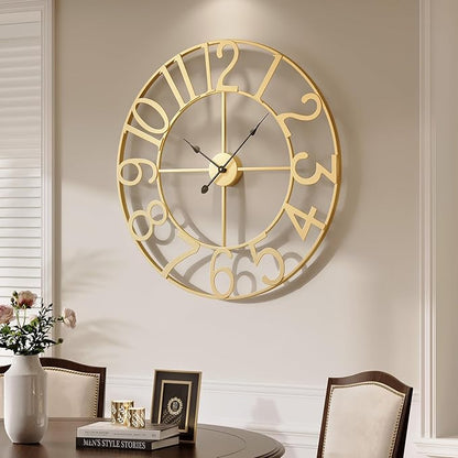 Large Wall Clock 30 Inch, Decorative Gold Clocks Silent Non Ticking Battery-Operated for Living Room Kitchen Mantel Decor, Metal Round Modern Wall Clocks Arabic Numerals
