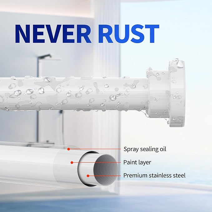 Mcrbeay Shower Curtain Rod, 1" Diameter Heavy Duty Tension Shower Rod, Non Slip Adjustable 28-102 inch No Drilling Shower Curtain Rods Spring Tension For Bathroom, Shower Stall, No Rust, White