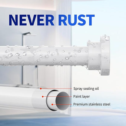 Mcrbeay Shower Curtain Rod, 1" Diameter Heavy Duty Tension Shower Rod, Non Slip Adjustable 28-102 inch No Drilling Shower Curtain Rods Spring Tension For Bathroom, Shower Stall, No Rust, White