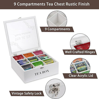 Tea Box Organizer,Wood Tea Bag Holder Organizer,Modern Teas Bag Storage with 9 Compartments and Glass Cover for Home Office Gift