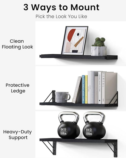 BAYKA Wall Mounted Floating Bathroom Shelves, Wood Floating Wall Shelf for Bathroom Essentials & Decor, Small Space-Saving Display & Organizer（Black，Set of 3）